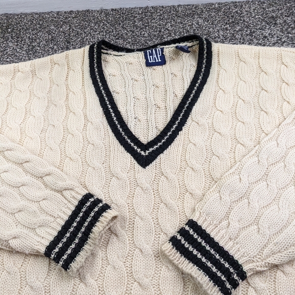 Vintage 90s Gap Sweater Tennis Cricket Wool Cable Knit V Neck Ivory Mens Large - Picture 2 of 11